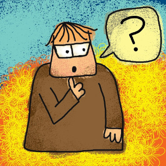 Cartoon Mann mit Fragezeichensprechblase